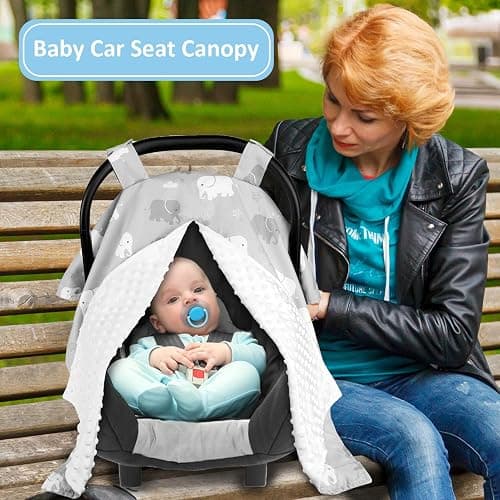 TANOFAR Car Seat Cover Baby, Carseat Covers Baby Boy Girl, Peekaboo Opening Infant Car Seat Cover for Winter, Warm & Cozy, Grey Elephant thumbnail 5