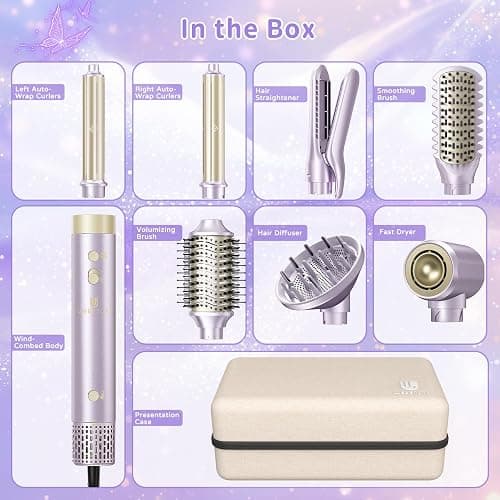 Hair Dryer Brush 8-in-1 Dual Voltage Hot Air Styler – Fast-Drying 110,000 RPM Ionic Blow Dryer with Straightener & Curler Attachments, Frizz-Free Volumizing Styler with Protective Hard Case-Purple thumbnail 9