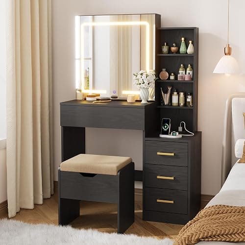 GarveeHome Makeup Vanity Desk with Sliding Mirror, Vanity Dressing Table with 3 Color Adjustable Lights, Girls Vanity Set with Stool, 4 Compact Vanity Drawers, Power Outlet, Black thumbnail 9