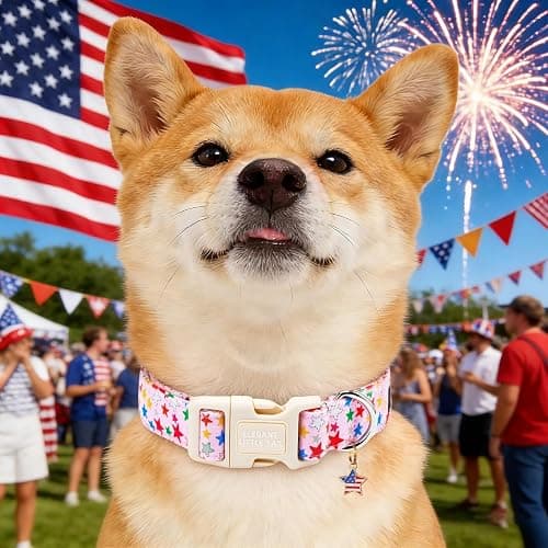 Elegant Little Tail 4th of July Dog Collar with Pendant, Patriotic Pink Stars Patriot Pattern Cotton, Sturdy Quick-Release Plastic Buckle, Girl Adjustable Pet Collar for Medium Dogs thumbnail 5