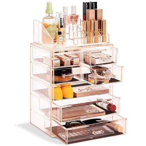 Sorbus Clear Cosmetic Makeup Organizer - Make Up & Jewelry Storage, Case & Display - Spacious Design - Great Holder for Dresser, Bathroom, Vanity & Countertop (3 Large, 4 Small Drawers) [Pink] - Image 1
