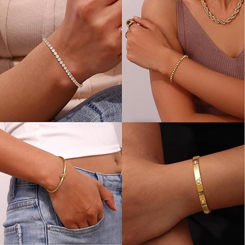 LOLIAS 5 Stück Armband Damen Gold 14 Karat Echtgold Armkette Manschetten Armband Hypoallergen Goldperlen CZ Tennis Armband Kette Stapelarmbänder Schmuck Gold Für Damen thumbnail 3