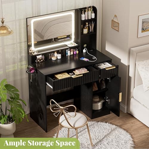 Cyclysio Fluted Vanity Desk with Mirror and Lights, Wood Makeup Vanity Desk with Power Strips, Modern Dressing Table with Drawers & Cabinet for Bedroom, Black thumbnail 7