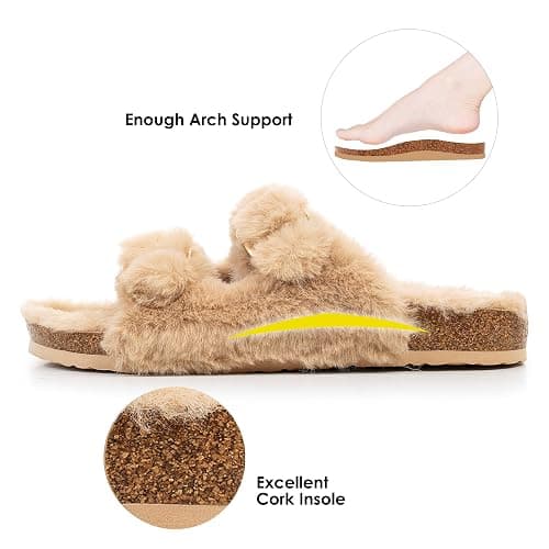 FITORY Womens Open Toe Slipper with Cozy Lining,Faux Rabbit Fur Cork Slide Sandals Size 6-11 thumbnail 4
