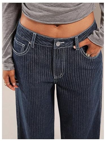 OYOANGLE Women's Striped Wide Leg Jeans Mid Waist Casual Pinstripe Denim Baggy 90s Trendy Pants Y2K Preppy Outfit thumbnail 5
