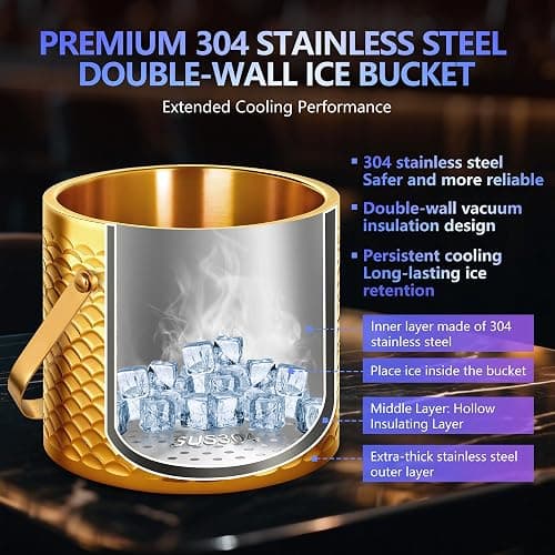 Ice Bucket, Ice Bucket with Silicone Sealing Ring Double-Wall Vacuum Insulation Champagne Buckets with Filter Layer Ice Tongs Ice Scoop (Scaled Gold, 3 L) thumbnail 3