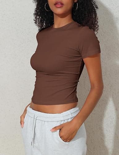 Hilor Women's Casual Basic T-Shirts Going Out Crop Tops Cotton Short Sleeve Tees Tight Fitted Crewneck T Shirts - Coffee - 6-8 thumbnail 2