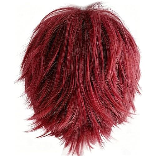 S-noilite Short Wine Red Wig Unisex Mens Womens Burgundy Cosplay Costume Anime Wig Short Spiky Layered Pixie Wigs for Halloween Christmas Carnival Comic-cons Theme Party thumbnail 3
