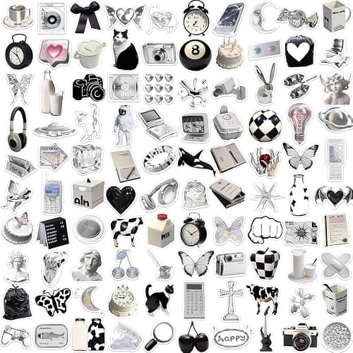 100pcs Aesthetic Stickers | Y2K Retro Sticker | Cool 2000s Cyber Trendy Stickers for Water Bottle Laptop Guitar Skateboard | Vinyl Stickers for Girls Teens Adults (Black, White, Silver) thumbnail 2