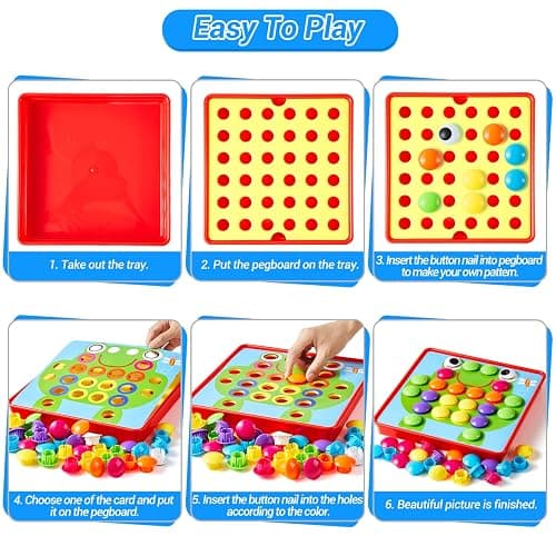 Geekper 68PCS Button Art Toys for Toddlers Color Matching Mosaic Pegboard, Early Learning Educational Toys for 3, 4, 5, 6 Year Old Kids Boys and Girls Easter Gifts, 10 Pictures and 58 Buttons thumbnail 7