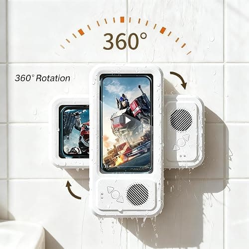 Enfriliv Waterproof Phone Holder with Speaker, Shower Phone Holder Waterproof, Shower Phones Holder with Wireless Bluetooth Speaker with 360° Rotation Ipx4 Aqua with Shower Play(White) thumbnail 3