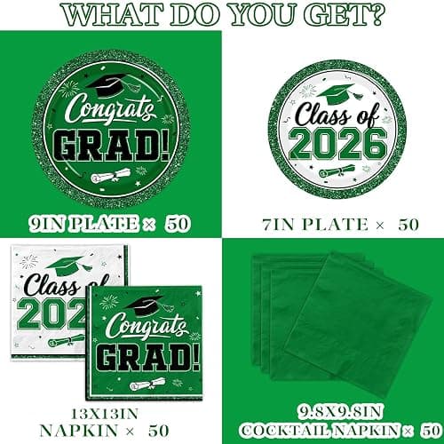Graduation Plates and Napkins 2026, 200pcs Green Graduation Decorations Class of 2026 Grad Congrats Green Plates and Napkins Party Supplies for Graduation Party Favors,Serve 50 thumbnail 6