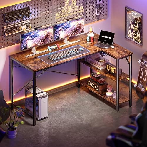 Huuger 47 Inches L Shaped Desk, Computer Desk with Reversible Storage Shelves, for Gaming Corner Home Office Writing Study, Metal Frame, Rustic Brown thumbnail 6
