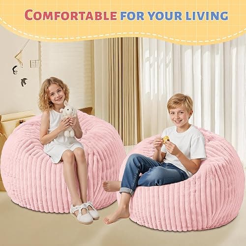 HABUTWAY 2FT Bean Bag Chair, 2' Bean Bag Chairs with Memory Foam Filled, Small Comfy Beanbag Chair with Stripe Plush Cover for Living Room Bedroom Dorm，Tender Pink thumbnail 6