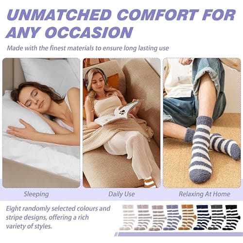 KIKAWORD Cozy Soft Fluffy Slipper Socks for Men and Women,8 Pairs Plush Slipper Sock,Winter Sleeping Warm Sock,Cozy Fuzzy Sleep Bed Thermal Stripe Soft Warm Socks thumbnail 5