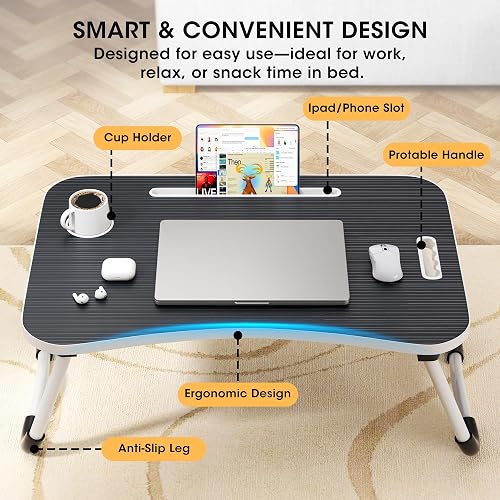Frpufi Folding Lap Desk, 23.6 Inch Wood Laptop Bed Desk with Cup Holder, Portable Bed Table for Working Writing Reading & Eating for Bed, Sofa, Couch, Floor - Black thumbnail 3