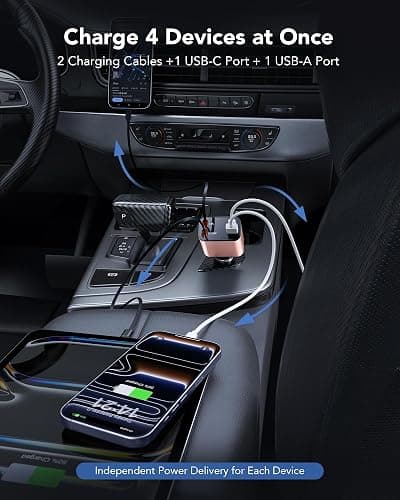 69W Retractable Car Charger, 4-in-1 Fast Car Phone Charger with 2.6ft Two Retractable Cables and USB C+USB A Car Charging Block Cube, Compatible with iPhone 14 15 16 17 Pro Max Plus,Galaxy,Pixel(Pink) thumbnail 3