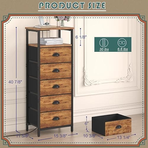 sthmec Nightstand with Charging Station,LED Night Stand with 5 Fabric Drawers, Bedside End Tables, 2-Tier Open Storage Shelf Side Table Nightstands with Drawers for Bedroom,Rustic Brown thumbnail 3