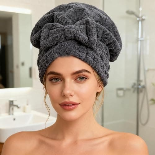 MAYOUTH Microfiber Hair Drying Towels Head wrap with Bow-Knot Shower Cap Hair Turban hairWrap Bath Cap for Curly Short or Long & Wet Hair Gift for Women 2pack thumbnail 5