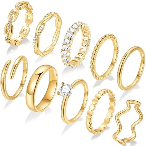 10 PCS Dainty 14K Gold Rings for Women, Open Twist Simulated Diamond Criss Cross Designs, Perfect for Stacking Layering on Thumb and Knuckle Engagement Rings in Sizes 6-10 - Image 1