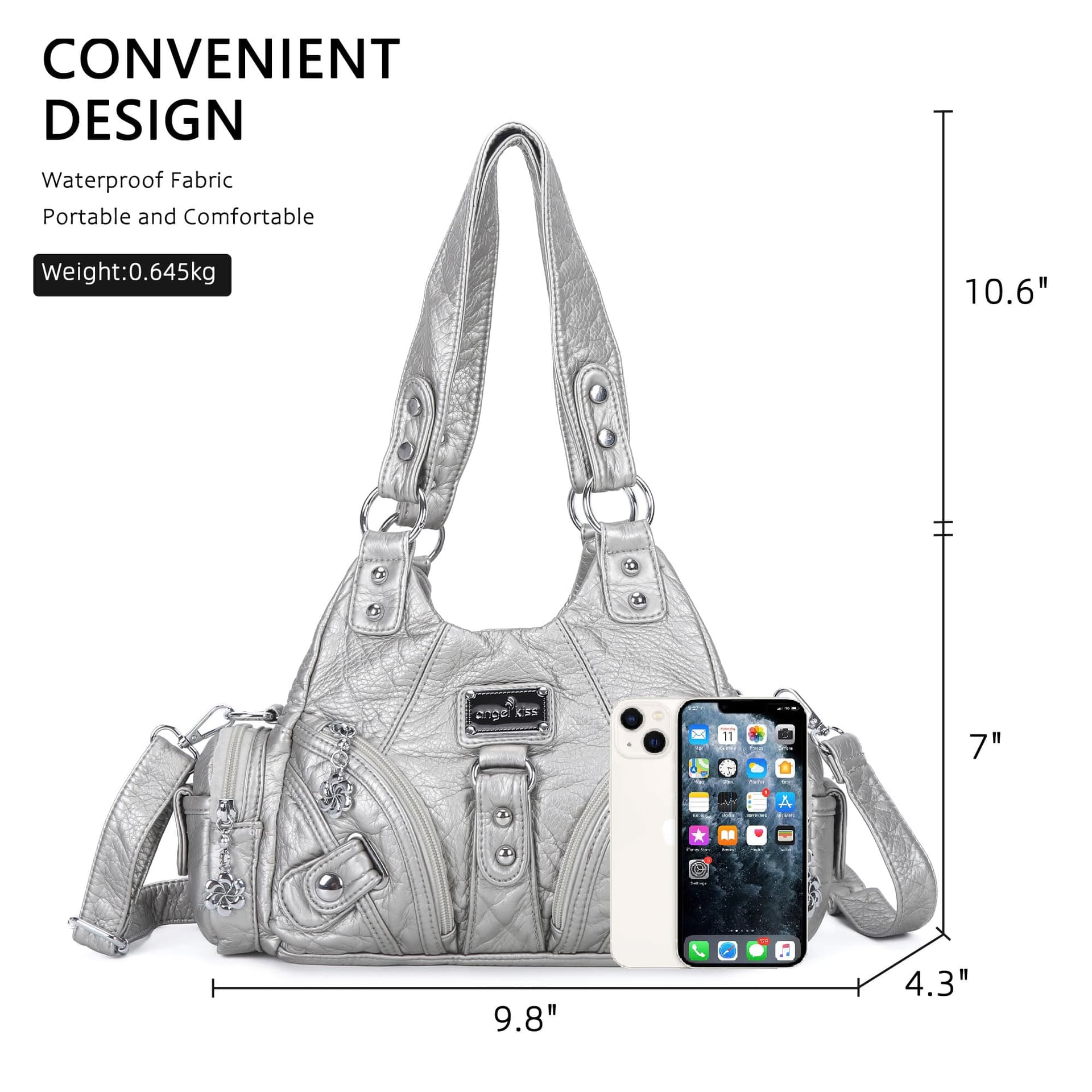 Angel Kiss - Bolsos de hombro pequeños para mujer, bolso de mano de piel vaga, varios bolsillos con cierre - plateado thumbnail 2