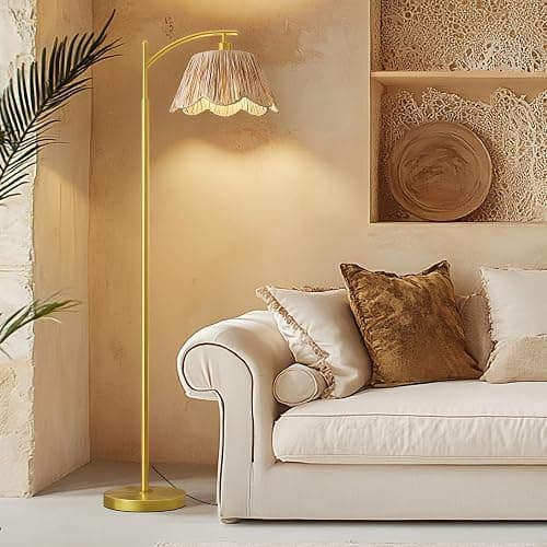 Oneach Arc Floor Lamp for Living Room,Rattan Boho Floor Lamp Decor with Hand-Woven Shade, Foot Switch,Gold Metal Base & Pole,Farmhouse Standing Lamp for Bedroom Corner,Reading thumbnail 2