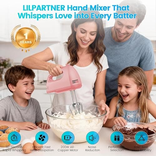 LILPARTNER Hand Mixer Electric, Small Food Mixer 7 Speeds Handheld Blender,304 *(1* Whisk, 2* Beater, 2*Dough Hook) Kitchen Blender for Cream, Cookies, Dishwasher Safe, Pink thumbnail 3