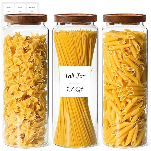 ComSaf Glass Pasta Storage Containers with Acacia Wood Lids 1.7Qt 3Pack | 11.3in Tall jar, for Cooks, Spaghetti Pasta Oats Cereal Beans, Kitchen Pantry Cabinet, Long Canisters with Labels, Durable - Image 1