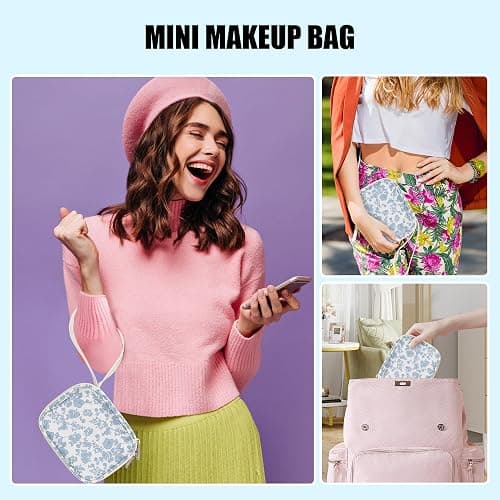 Relavel Mini Makeup Bag with Led Mirror, Small Floral Cosmetic Bag with 3 Light Modes, Rechargeable Portable Makeup Pouch with Hands-Free Wrist Strap for Pool Parties丨Work Touch-Ups丨Travel thumbnail 5