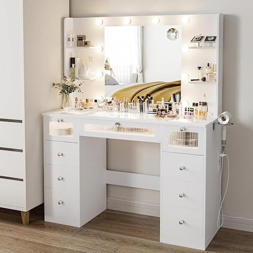 VQRhome White Vanity with Lighted 23.5” Mirror, Glass Top Vanity Desk with 9 Drawers & 3 Color Hollywood Bulbs & 4 Shelves & Acrylic & Power Outlet, Makeup Desk Dressing Table for Bedroom thumbnail 7