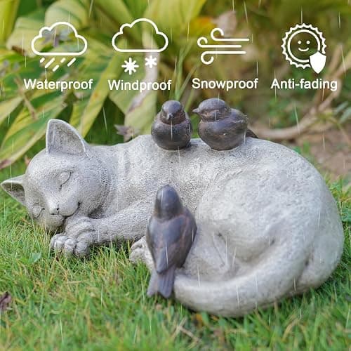 LC LCdecohome Sleeping Cat Garden Statues Outdoor - 12" Sparrows On Cat Figurine Memorial Statue Grave Markers Garden Resin Statues for Outdoor Decor Outdoor Statue Resin 12" x 8" x 4.5" thumbnail 6
