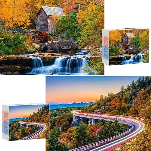 2 Pack 1000 Pieces for Jigsaw Puzzles for Adults, Fall Autumn Nature Landscape Scene Challenging Puzzle Perfect for Family Activity Game Nights Gifts(Glade Creek Gristmill & Blue Ridge Parkway) - Image 1