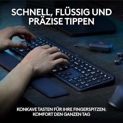 Logitech MX Keys S kabellose Tastatur, Low Profile, Fluid Quiet Typing, Programmable Keys, Backlighting, Bluetooth, USB C Rechargeable, für Windows PC, Linux, Chrome, Mac, Deutsches QWERTZ - Grau thumbnail 2