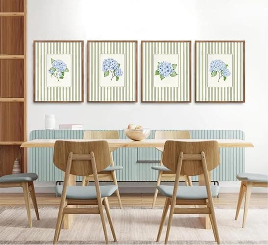 Blue Hydrangea Wall Art Sage Green Striped Rustic Farmhouse Floral Pictures Wall Decor French Country Botanical Posters Vintage Grandmillenial Flower Painting Print Artwork for Bedroom Dorm, Unframed thumbnail 6