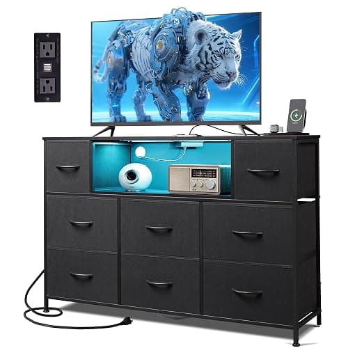 GALAXHERO Black TV Stand for 45, 50, 55 inch TV, TV Media Console Table with LED Lights & Charging Station, Entertainment Center with 8 Fabric Drawers and Open Shelves for Living Room, Hallway - Image 1
