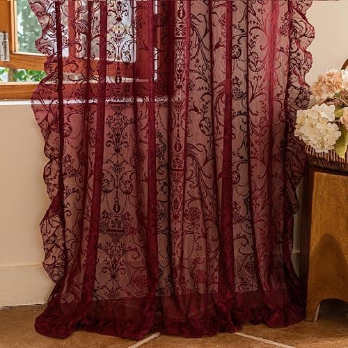 TUDECO Burgundy Sheer Curtains 84 Inches Long for Living Room - Luxury Modern Maroon Lace Curtains for Bedroom, Aesthetic Tulle Rod Pocket Light Filtering Farmhouse Red Drapes, 59 x 84 Inch, Dark Wine thumbnail 2