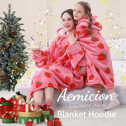 Aemicion Strawberry Blanket Hoodie Gifts for Kids,Oversize Sherpa Wearable Blanket,Cozy Sweatshirt Blanket for Girls thumbnail 5