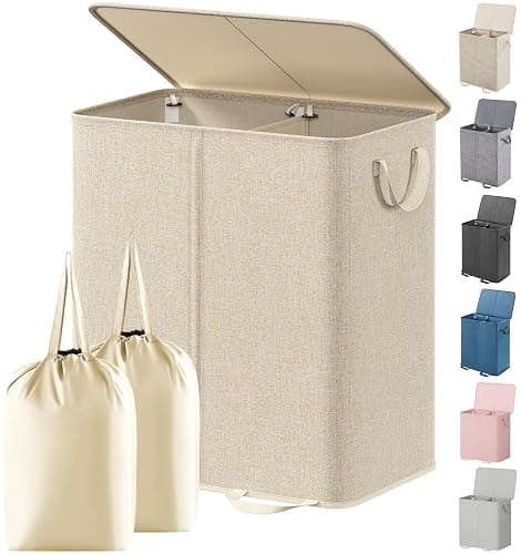 Lifewit Double Laundry Hamper with Lid and Removable Laundry Bags, Large Collapsible 2 Dividers Dirty Clothes Basket with Handles for Bedroom, Laundry Room, Closet, Bathroom, College, 136L Beige - Image 1