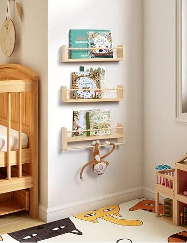 Maxpeuvon Nursery Floating Shelves for Wall, Set of 3 Book Shelves Natural Wood Wall Mounted Organizer with Towel Bar Hanging Bookshelves Nursery Decor for Kids Room, Bedroom and Kitchen thumbnail 2