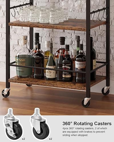 TUTOTAK Bar Cart with Wheels, Mini Drink Cart with Wine Rack & Glass Holder | 3-Tier 17 Inch Wide Home Bar Serving Carts, Small Mobile Kitchen Shelf with 6 Hooks, Rustic Brown BC01BB035 thumbnail 4