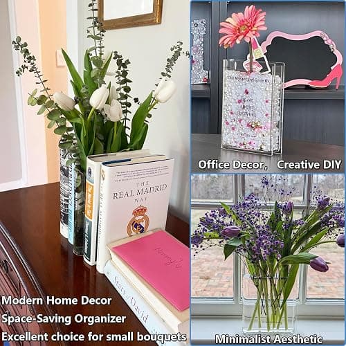 Puransen Clear Book Flower Vase - Floral Bookshelf Decor, Acrylic Flower Holder & Space-Saving Organizer, Modern Home Office/Study Desk Minimalist Aesthetic (Not Including Flowers) thumbnail 6