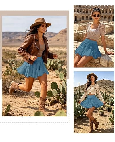 Women's Flowy Shorts Casual Linen Boho Ruffle Mini Skirts Pleated High Waist Cute Butterfly Skorts with Pockets Summer Trendy thumbnail 2