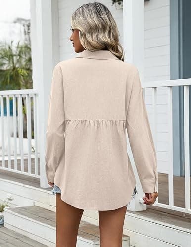 Zeagoo Womens Cotton Linen Button Down Shirts Loose Fit Long Sleeve Collared Blouse Casual V Neck Tops Outfits S-3XL thumbnail 4