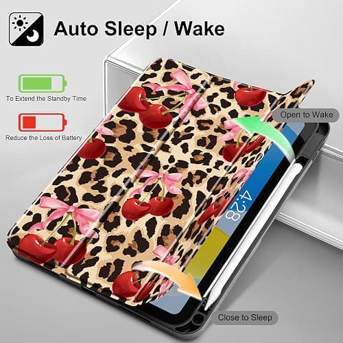 May Chen for iPad (A16) 11th Generation Case 11 Inch 2025, iPad 10th Gen Case 2022 10.9 inch, Trifold Stand with Auto Wake/Sleep Soft TPU Protective Stand Back Cover, Cherry & Cheetah thumbnail 3
