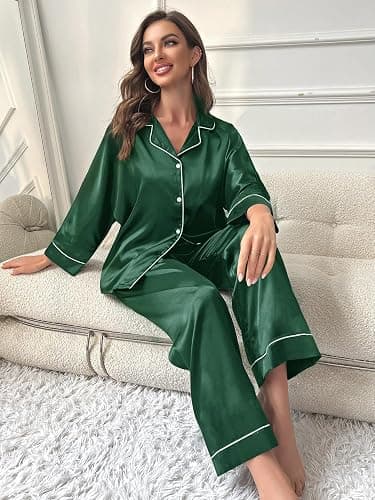 WJing Yi Jia 5Pcs XS-XXL Womens Silk Satin Pajamas Sets Long Pj Sets Button Down Pjs Set Loungewear Sleepwear thumbnail 2