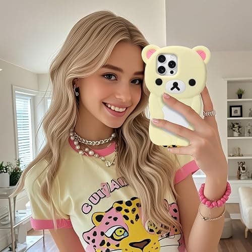 IAIYOXI Soft Silicone Bear Case for iPhone 15 Pro, Cute 3D Cartoon Teddy Bear Designed, Protective Lovely Fun Adorable Fashion Phone Case, Kawaii Cover for Women Girls Kids, Yellow thumbnail 7