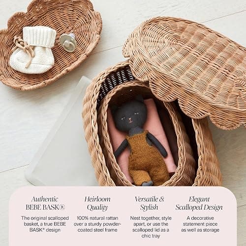 BEBE BASK The Original Scalloped Basket Set Of 2 - Small Scallop Basket - 15 x 10 x 6 In - Hand-Woven & Award-Winning - Elegant Wicker With Scalloped Edge Lid - Nursery Storage - (Mocca) thumbnail 5