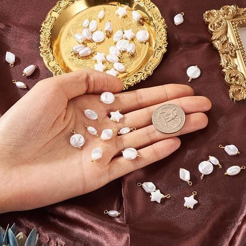 Cheriswelry 48pcs Pearl Pendants Star Flat Round Oval Rhombus Dangle Pearl Charms Real 18K Gold Plated Plastics Pendant 13.5~16mm for DIY Craft Earring Bracelet Necklace Jewelry Making thumbnail 5