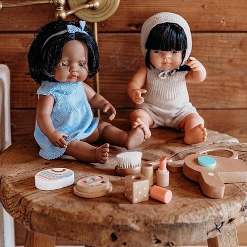 Miniland Dolls: Knitted Doll outfit 38cm - Romper & Bonnet, made of recycled materials, for 38cm Baby doll. Model: Romper & Bonnet in beige. thumbnail 7