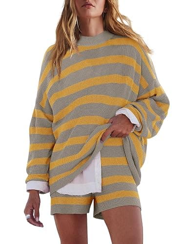 LAMISSCHE Womens Oversized Lounge Sets 2 Piece Outfits Striped Matching Pajama Set Long Sleeve Sweater Set - Image 1
